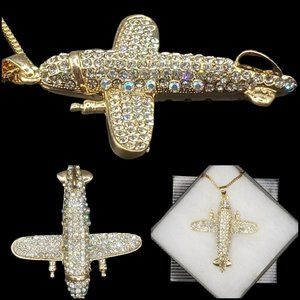 Airplane Necklace Crystal Rhinestones Jet Travel Souvenir 26"Chain FREE GIFT BOX
